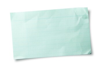Blue index card or recipe card isolated on white. with folds and bent (warped) corners.