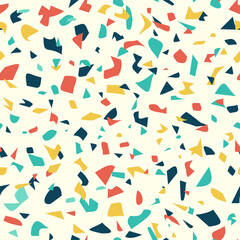 Fototapeta na wymiar Confetti background in seamless repeating wallpaper pattern, colorful vector for graduation or birthday party designs, blue orange yellow teal and gold colors in abstract mosaic shapes