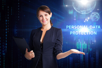 Business, Technology, Internet and network concept. Young businessman working on a virtual screen of the future and sees the inscription: Personal data protection