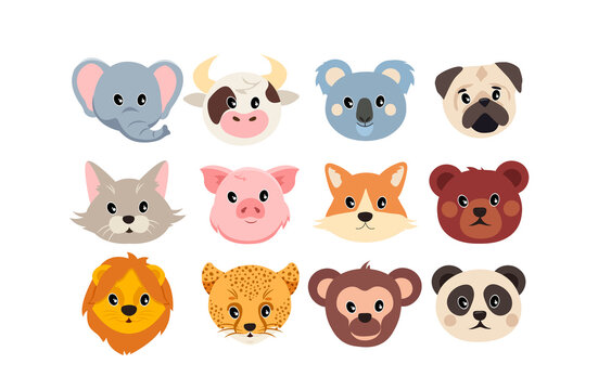 Set of cute animal faces on white background