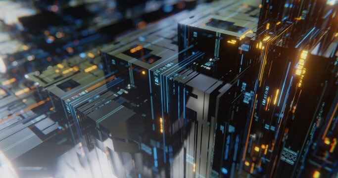 Futuristic sci-fi circuit board processing data and code. Data in the form of blocks and lines. 3D rendering