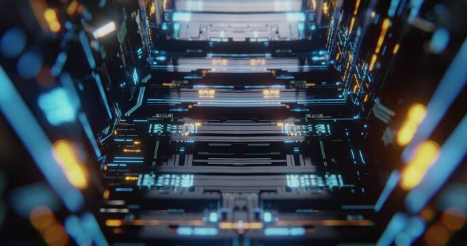 Moving panels with digital data, blinking neon hi-tech lights. Metal surface with colored data and lights. Element digital technology hi-tech concept. 4K loop, 3D rendering