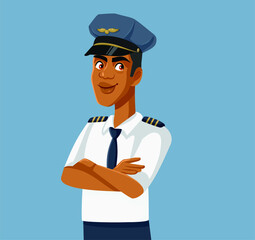 African Pilot Standing with Arms Crossed Vector Illustration