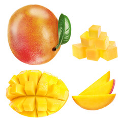 Set with delicious ripe mangos on white background