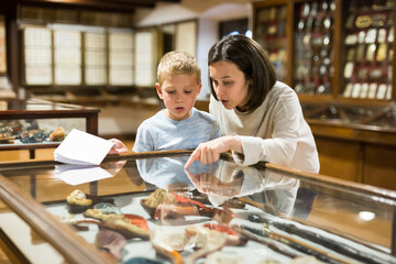 Fototapeta na wymiar Attentive young woman with school age boy exploring artworks in glass case in museum