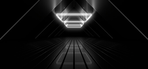 Obraz premium A dark tunnel lit by white neon lights. Reflections on the floor and walls. 3d rendering image.