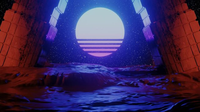Cyberspace tunnel with rocks and sun in future galaxy. 3D render animation deisgn, modern background, seamless loop, neon lights and geometric grid