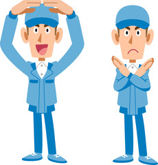 両手でマルとバツを作る作業員の男性
