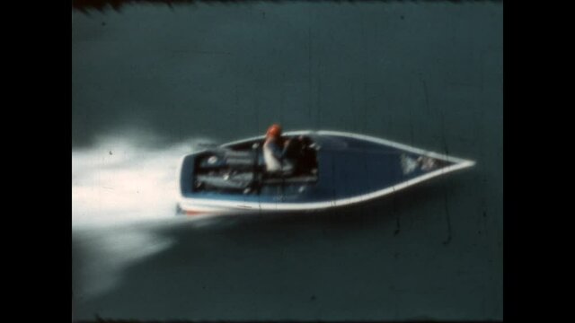 Speed Boat Aerial One  1966

Aerial views, from a chase plane, of a speedboat racing in the Orange Bowl Regatta Invitational 250 Speed Classic at Miami Marine Stadium, shot number 1, 1966.