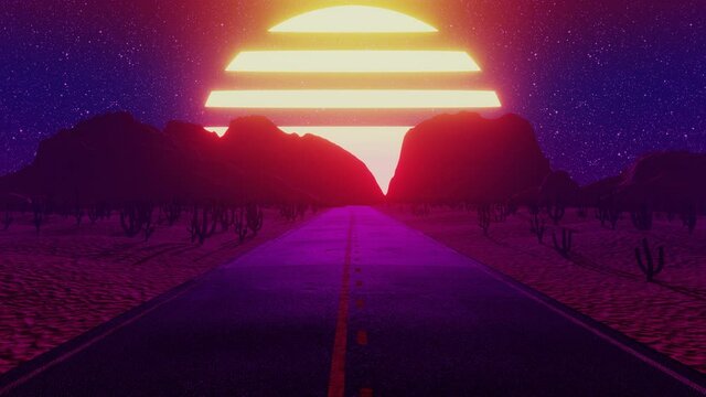 Seamless endless road through the desert with retro futuristic sky and sun. 3D render loop animation of mountains, cyberpunk, game render 80s 90s vintage old style