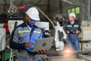 African mechanical engineer working for maintenance or repairing robotic welding machine in factory.
