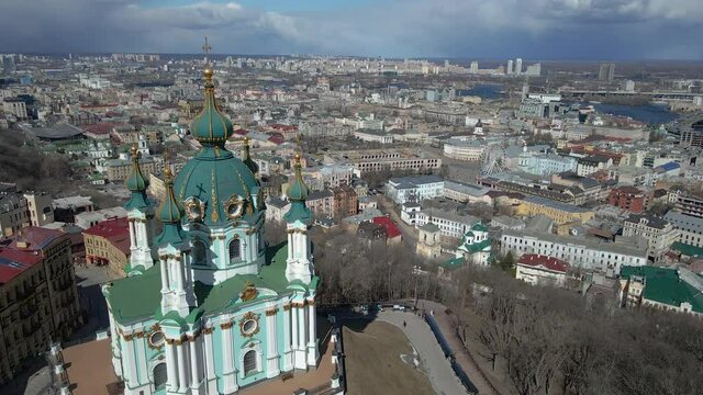 The city of Kiev. St. Andrew's Church is a landmark of the city. Aerial view.