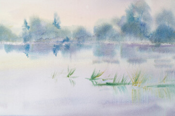 Watercolor gentle morning lake landscape with reflections