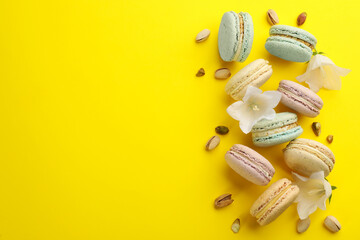 Flat lay composition with macarons, white bellflowers and pistachios on yellow background. Space for text