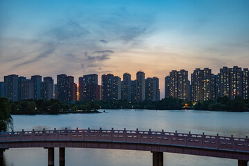 city skyline at sunset