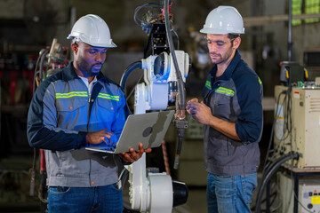 Two Industry engineers stand and discussion work in the factory workshop.