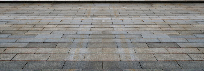 Perspective View of Monotone Gray Brick Stone on The Ground for Street Road. Sidewalk, Driveway, Pavers, Pavement in Vintage Design Flooring Square Pattern Texture Background