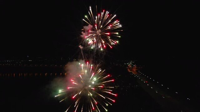 Fireworks. Night fireworks. Aerial view.