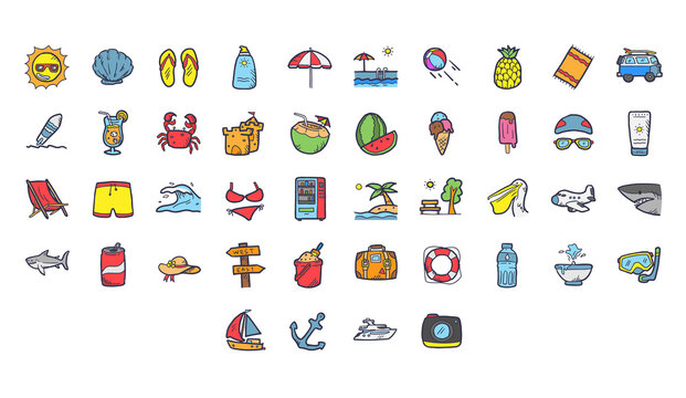 Simple summer icon set related to holiday, vacation, and recreation. Hand drawn
