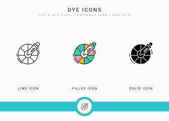 Dye icons set vector illustration with solid icon line style. Color dropper concept. Editable stroke icon on isolated background for web design, user interface, and mobile application