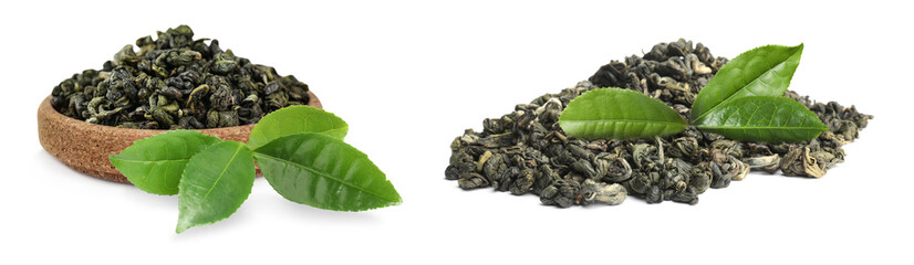 Dry green tea and fresh leaves on white background, collage. Banner design