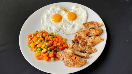 fried eggs and vegetables with meat.