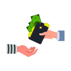 Give the wallet to the criminal. The hand holds a purse with bills and coins and gives it all to the hand of the fraudster. Vector illustration, flat cartoon color design, isolated on white background