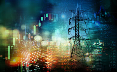 market stock graph and information with city light and electricity and energy facility industry and business background.