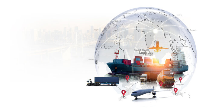World map with logistic network distribution, Logistic and transport concept in front Industrial Container Cargo freight ship for Concept of fast or instant shipping, Online goods orders worldwide