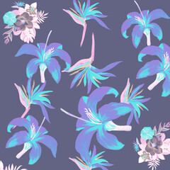 Fototapeta na wymiar Indigo Pattern Botanical. Navy Tropical Textile. Violet Floral Plant. Coral Flora Textile. Purple Decoration Leaves. Blue Wallpaper Illustration. Cobalt Spring Vintage.
