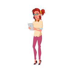 caucasian woman check trade market on tablet digital device cartoon vector. caucasian woman check trade market on tablet digital device character. isolated flat cartoon illustration