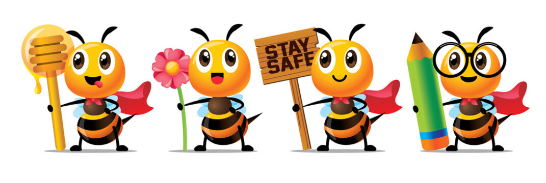 Cartoon cute bee holding honey dipper, flower, wooden signboard and pencil character mascot set