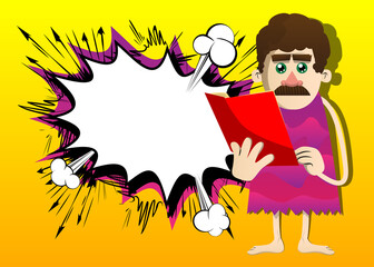 Cartoon prehistoric man reading a book, holding a journal, magazine, brochure in his hand. Vector illustration of a man from the stone age.