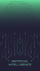 Vector illustration of a brain in the form of a computer microcircuit. Concept, artificial intelligence, high technologies of the future. Design template for web banner and social media. Copy space