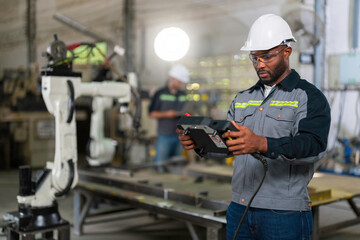 African mechanical engineer working for maintenance or repairing robotic welding machine in factory.