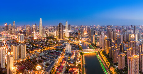Obraz premium Aerial photography of Tianjin city building skyline night view