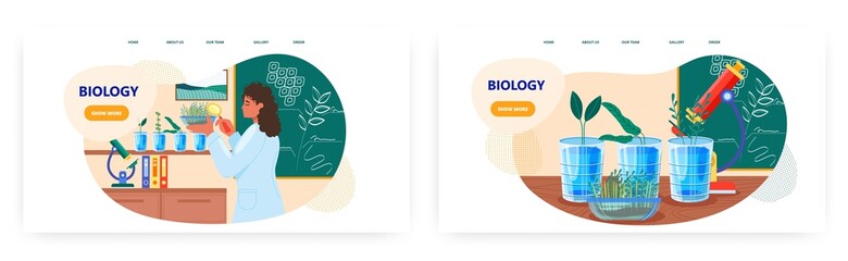 Biology class landing page design, website banner vector template set. School teacher conducting experiments with plants