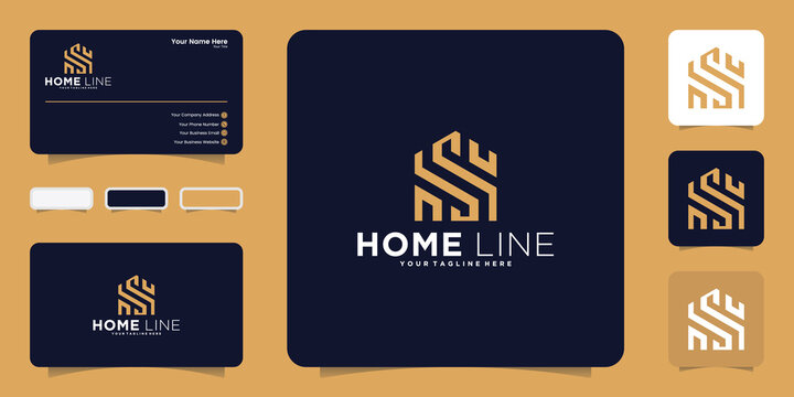 abstract house and initials letter s with line art style logo design, symbol icon and business card