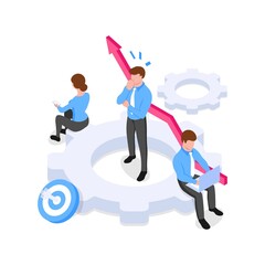 Business thinking process.Team of people is working on a new task. Concept of brainstorming, idea management, goals management. Vector illustration in isometric style. Isolated on white background.