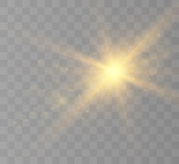 Lens flare, light effect. Flash blinks with beams and spotlight. Illust. Yellow glowing light. Beautiful star Light from rays. The sun is illuminated. Bright beautiful star. Sunlight. Glare.