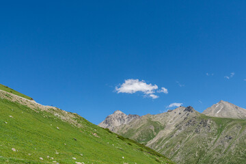 Fototapeta premium Mountains and grasslands along G217 highway in Xinjiang, China in summer