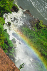 Rapid river with stones and rainbows in Iguazu