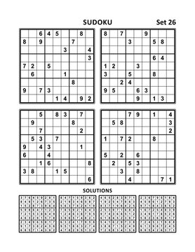 Four sudoku puzzles of comfortable (easy, yet not very easy) level, on A4 or Letter sized page with margins, suitable for large print books, answers included. Set 26.
