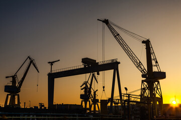 Fototapeta na wymiar Silhouettes of harbor cranes at sunset. Shipyard at sunset.