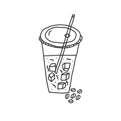 Hand drawn doodle vector illustration of iced coffee with cubes of ice in a plastic to go cup with a straw. Isolated on white background.