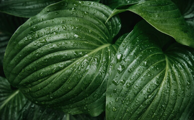 Background of green leaves of a lily flower. The texture of wet leaves in the rain.