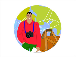 A man with a camera around his neck and a travel suitcase and bag against the backdrop of the globe. Illustration of banners and postcards, icons for tourists, vacations, vacations and business trips.