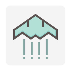 Stealth or jet aircraft vector icon. That speed fighter plane consist of wing, cockpit, weapon, advanced invisible technology for army, air force, military to attack, combat in warfare. 48x48 pixel.
