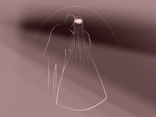 pale pink silhouettes of the bride and groom on a black background. Newlyweds stand at sunrise. Shrouded in fog