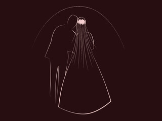 pale pink silhouettes of the bride and groom on a black background. Newlyweds stand at sunrise. Shrouded in fog